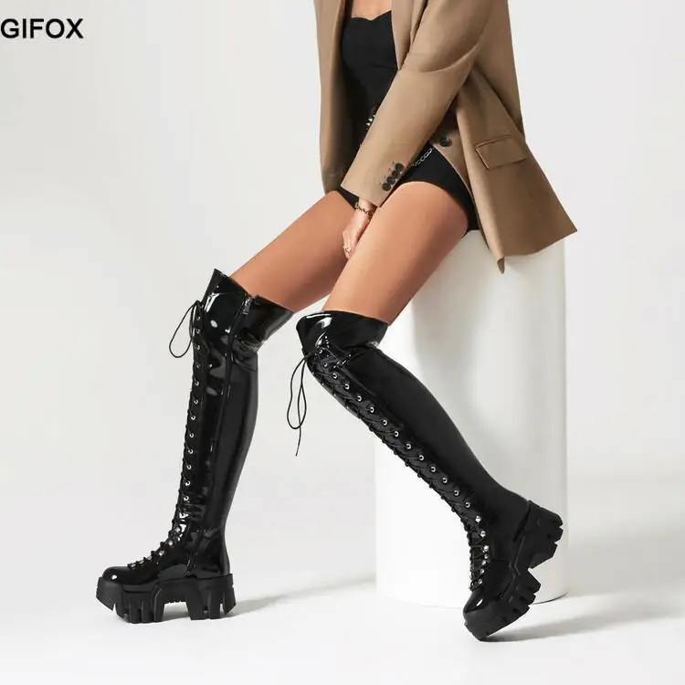 GIGIFOX Platform Over The Knee Boots For Women Wedge Heel Fashion Motorcycle Punk Lace Up Winter Boots Chunky New Rock Shoes