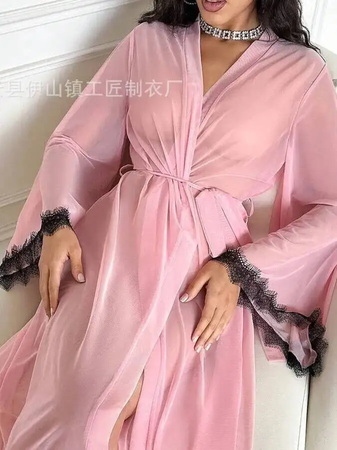 Novo sexy malha camisola vestido transparente sexy renda aparada fina vestido feminino manga comprida com decote em v vestido de cor sólida casaul grjj