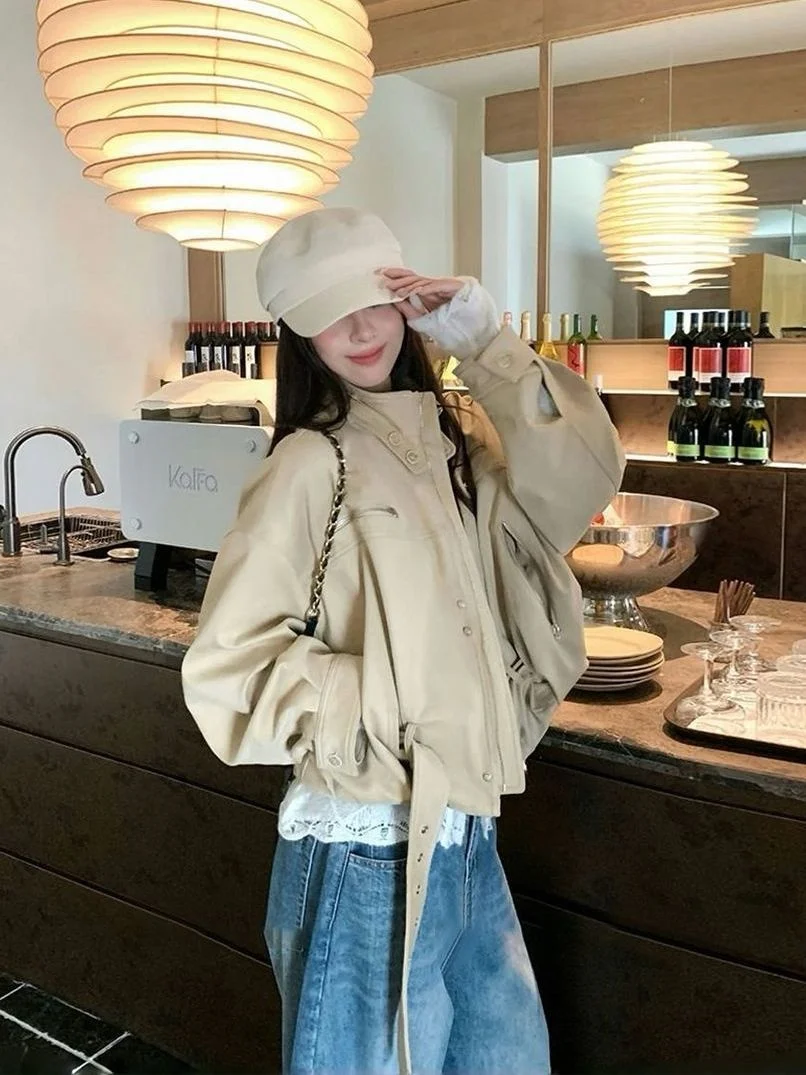 

Retro Short Workwear Jacket Women's Loose Fashionable Casual Coat Popular Style 2025 Autumn Season PU Leather Biker Jacket