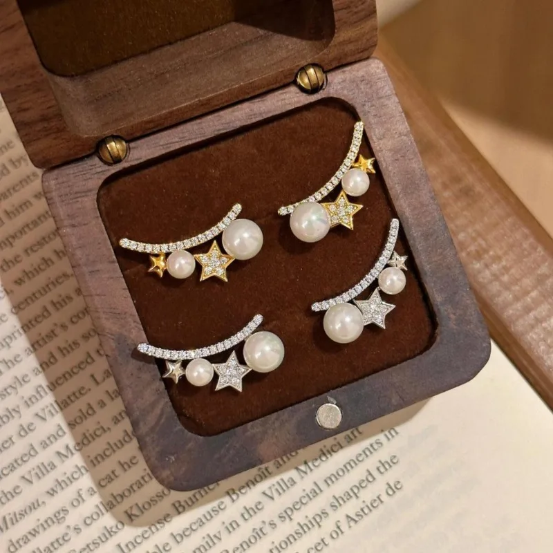 

Французские элегантные серьги-гвоздики с жемчугом и звездами мечты, инкрустированные цирконом, изысканный универсальный модный дизайн, персонализированные темпераментные уши