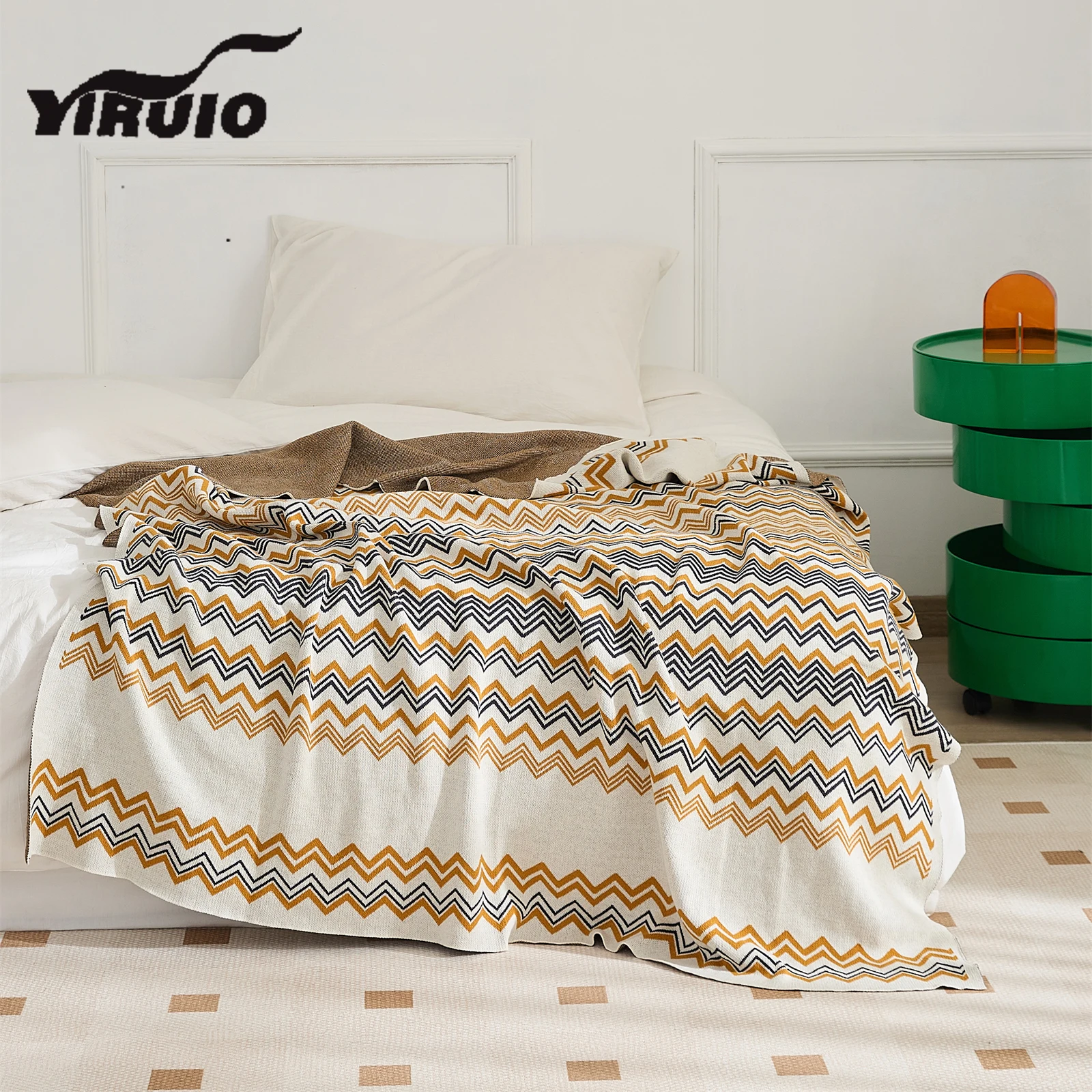 YIRUIO Elegant Wave Stripe Design Blanket Soft Breathable Summer Office Air-Conditioned Room Warm Shawl Knee Cotton Knit Blanket