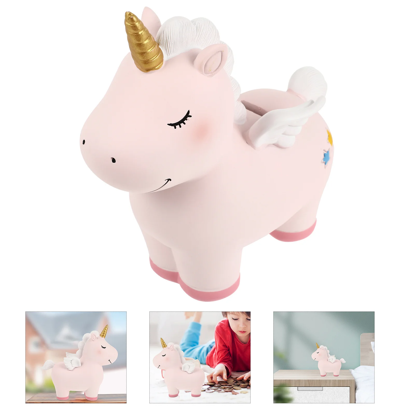 Tirelire licorne en résine, taille compacte, Surface lisse, Pot d'épargne de dessin animé, cadeau d'anniversaire, décoration de table licorne