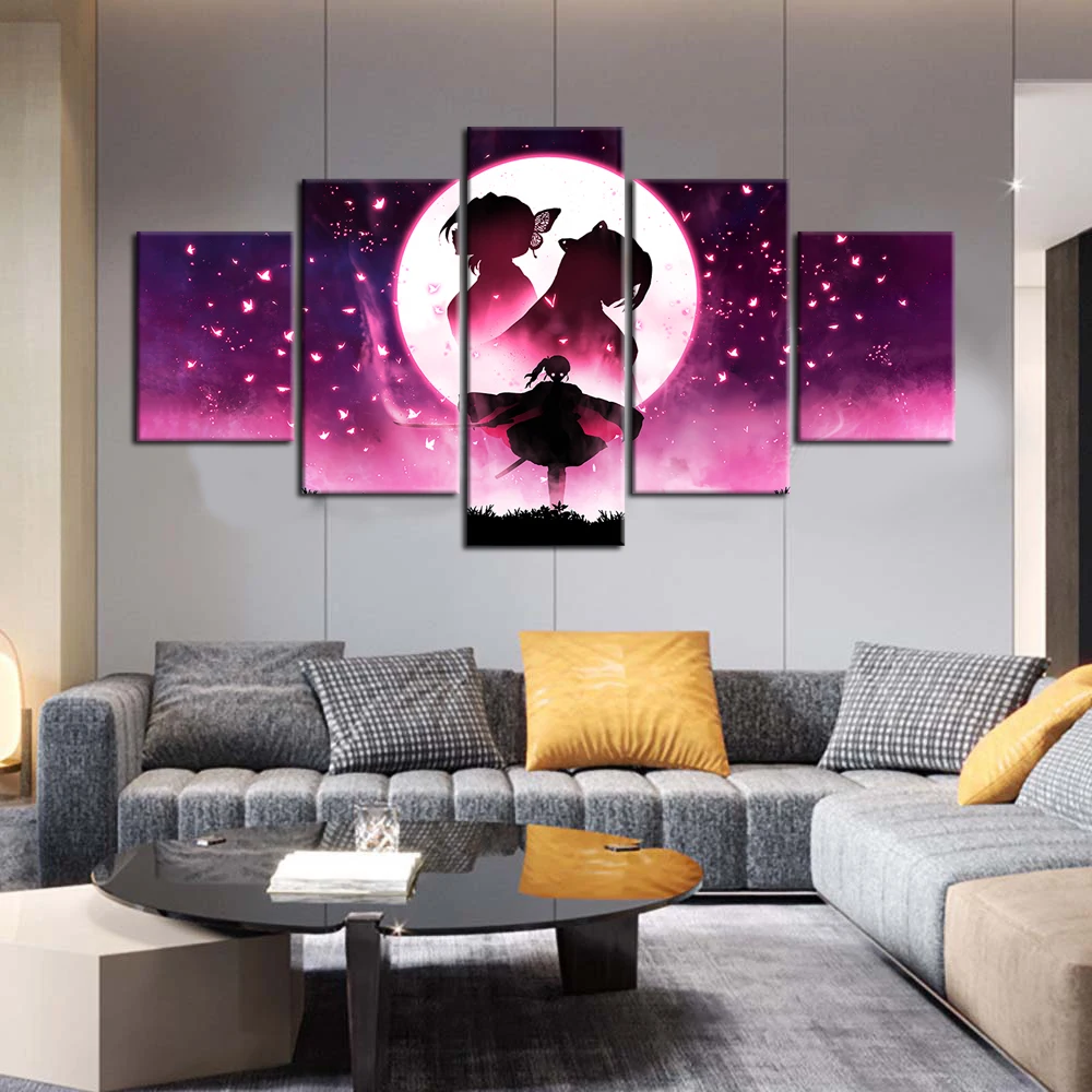 No Framed 5 Panel Kochou Shinobu Kimetsu No Yaiba Painting Print Canvas Art Modular Pictures Wall Art for Living Room Decor