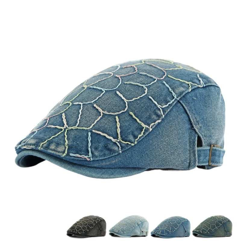 Personalized Washed Denim Embroidered Beret, Retro Unique Thread Embroidered Distressed Newsboy Cap