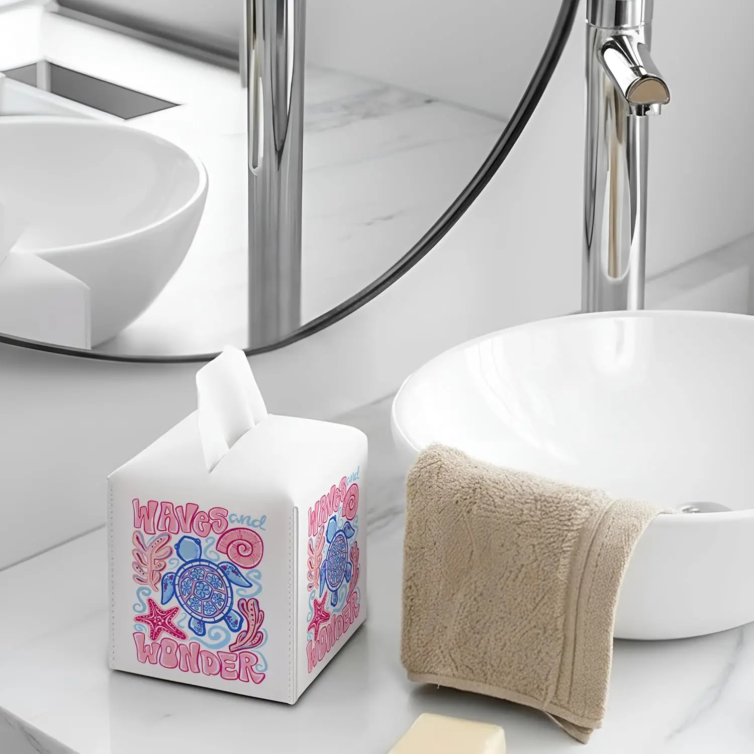 Coastal Beach Tissue Box Cover Girly Ocean Sea Turtle Waves Starfish Seashell Decorative Aesthetic Square Faux Leather Tissue