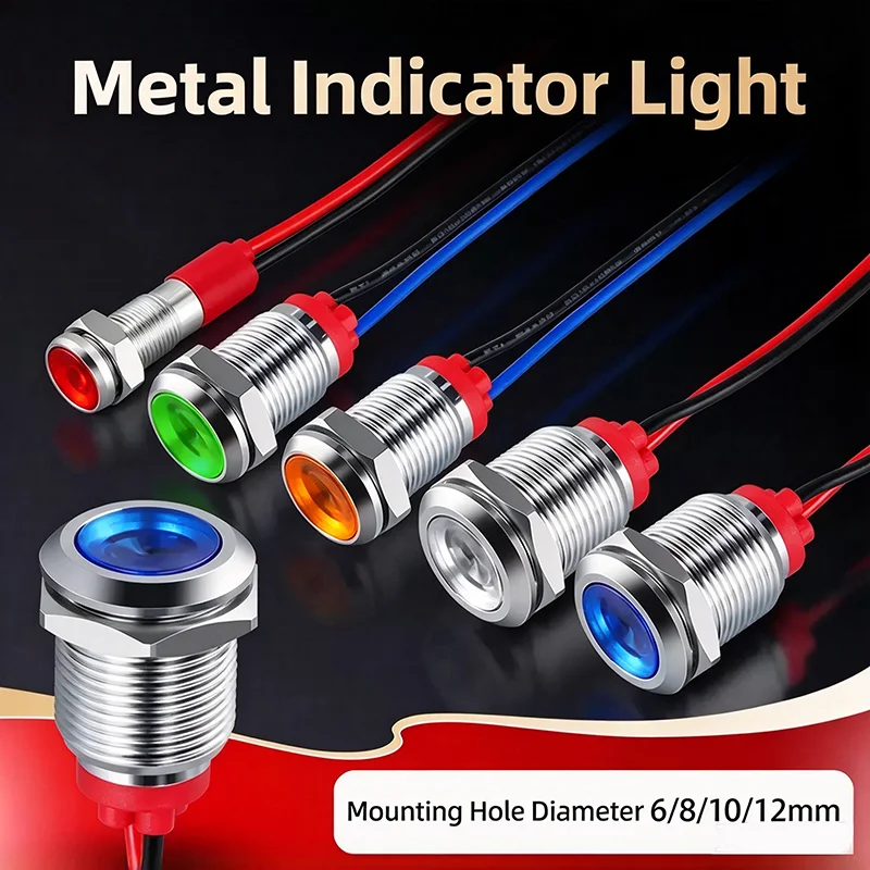 6mm 8mm 10mm 12mm LED Metal Indicator Light Signal Lamp with Wire 3V 5V 6V 12V 24V 110V 220V Red Blue Green Yellow White