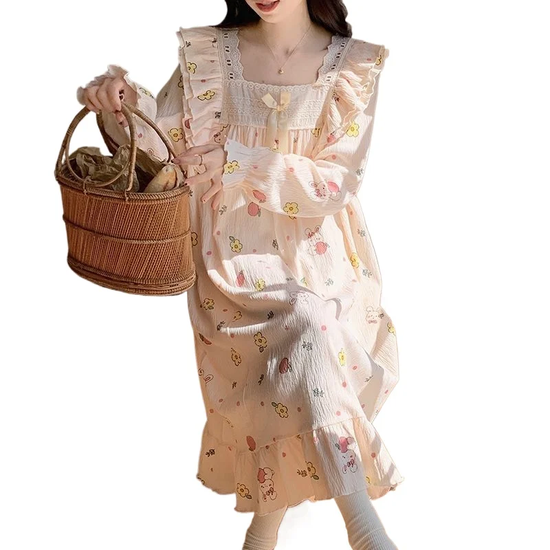 Floral Print Women Nightgown Sleepwear Square Collar Nightwear Korean Fashion Night Dress Long Sleeve Autumn One Piece Pajamas