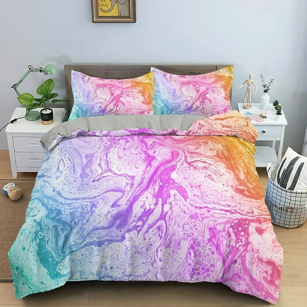 3D Modern Pastel Rainbow Marble Comfortable Duvet Quilt Cover Pillowcase Bedding Set Children Bedroom Decoration Home Textile