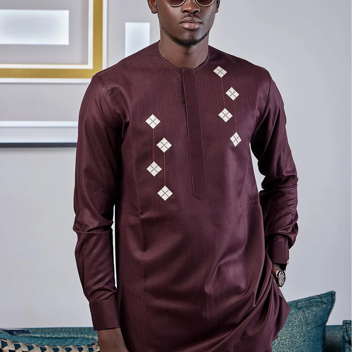 New luxury men\'s suit 2 piece trousers set polo shirt embroidery solid color long sleeve African festival ethnic style clothing
