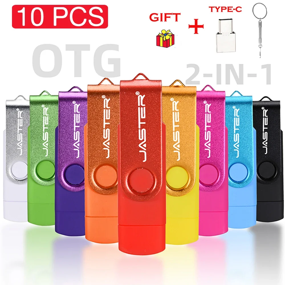 

JASTER 10 PCS LOTE OTG USB Flash Drives 128GB Free Key Chain Memory Stick 64GB Free TYPE-C Adapters Pen Drive 32GB Orange Purple