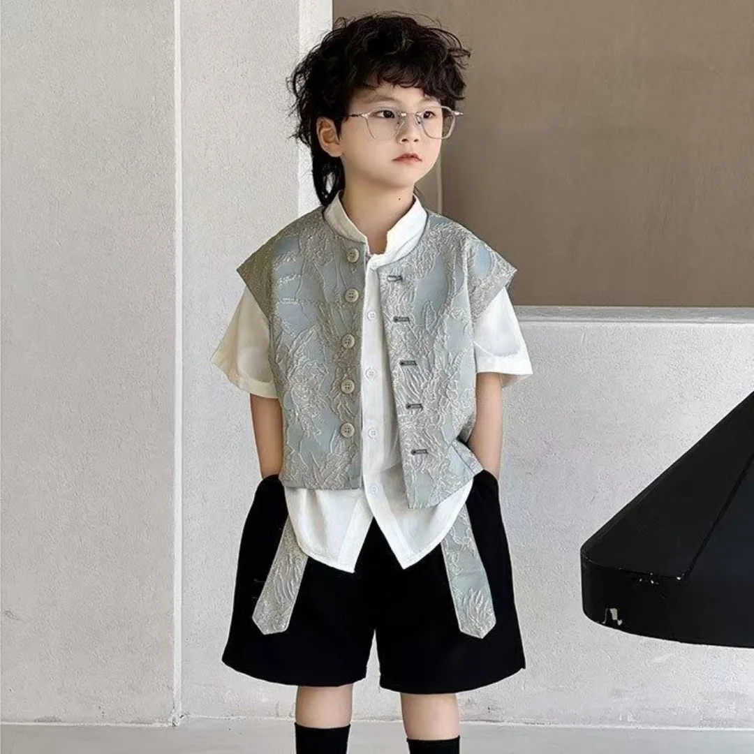 

Boys' Short Sleeved Shirt Set Round Neck Vest Retro Hanfu Standing Collar Chinese style Summer Style Fashionable Tang Style