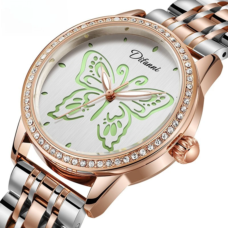 Stainless Steel Butterfly Design Luminous Waterproof Self-Wind Automatic Mechanical Watch for Women