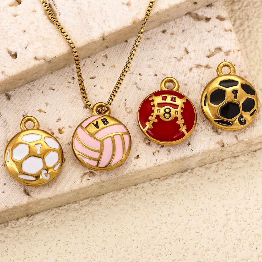 5pcs Stainless Steel Charm Enamel Football Volleyball Gold-plated for DIY Necklace Bracelet Jewelry Making Accessories Wholesale