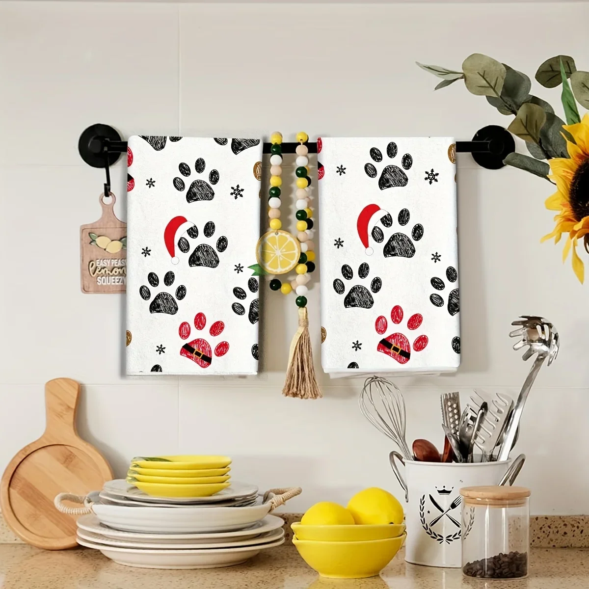 2Pcs, Red Christmas Hat Dog Paw Kitchen Towels, 40*60Cm Towel Set, Super Absorbent Soft Cleaning Cloth, Cooking Baking Tea Towel