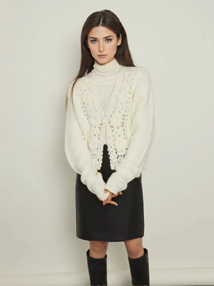 Femmes Crochet évider pull simple boutonnage tempérament mélange de laine à manches longues femme Cardigan C-146