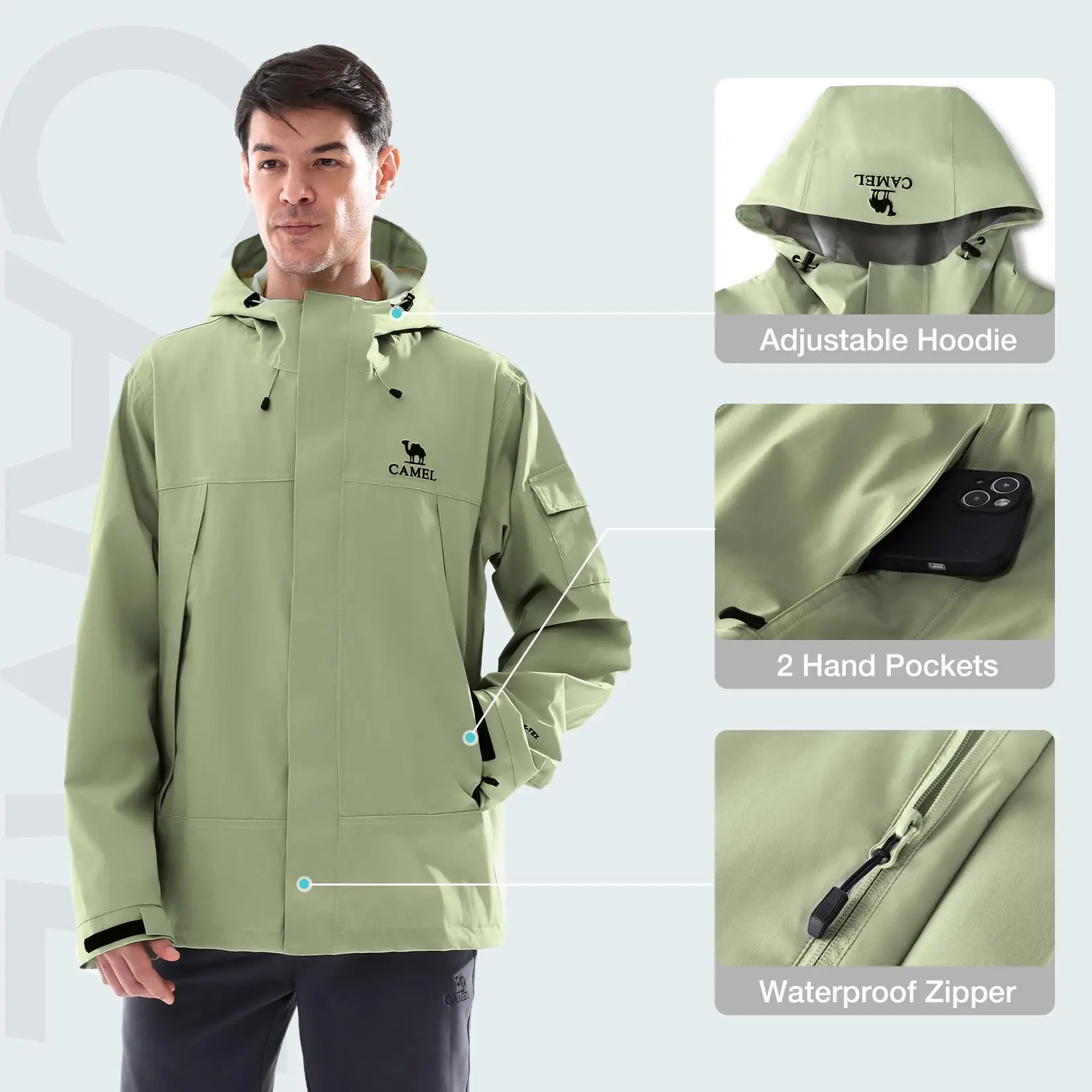 GOLDEN CAMEL Men's Rain Jackets Lightweight Teflon Windbreaker Jacket with Arm Pocket & Hood for Outdoor Adventure Hiking Coats