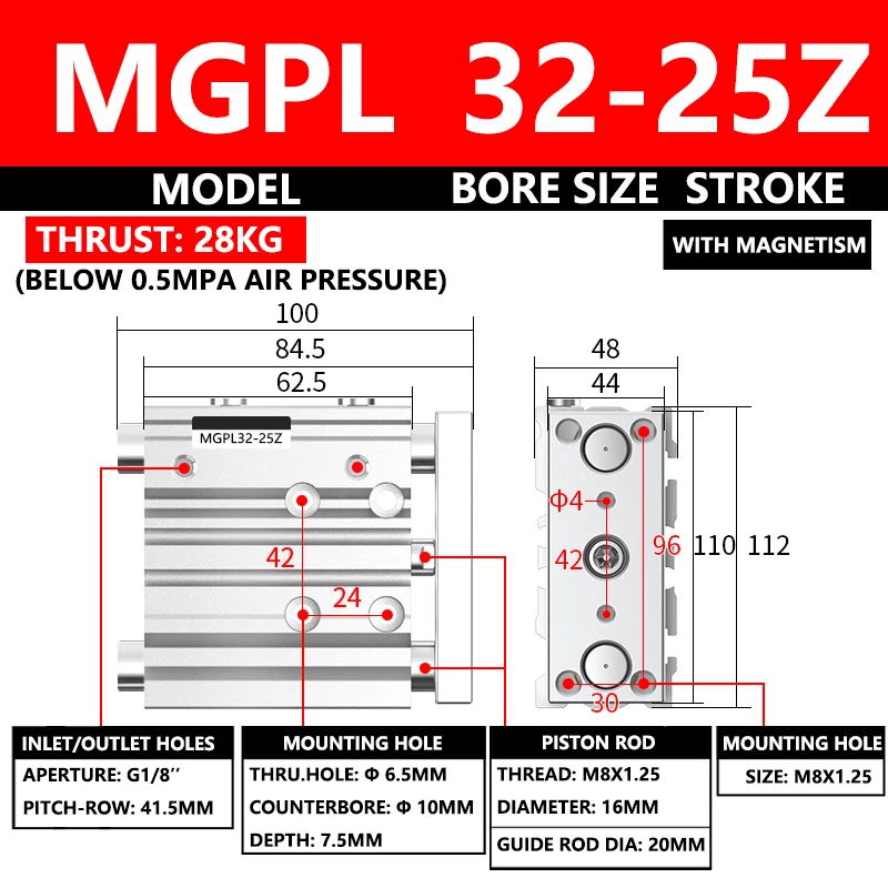 

ABILKEEN MGPL Series Pneumatic Compact Guide Cylinder MGPL32-25Z 32MM Bore X 25MM Stroke Thin Three Axis Three Rod Air Cylinder