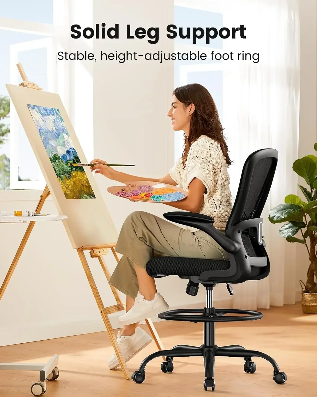 Drafting Chair, Standing Desk Chair with Flip-Up Armrests, High Desk Chair Adjustable Height, Ergonomic Tall Office Chair