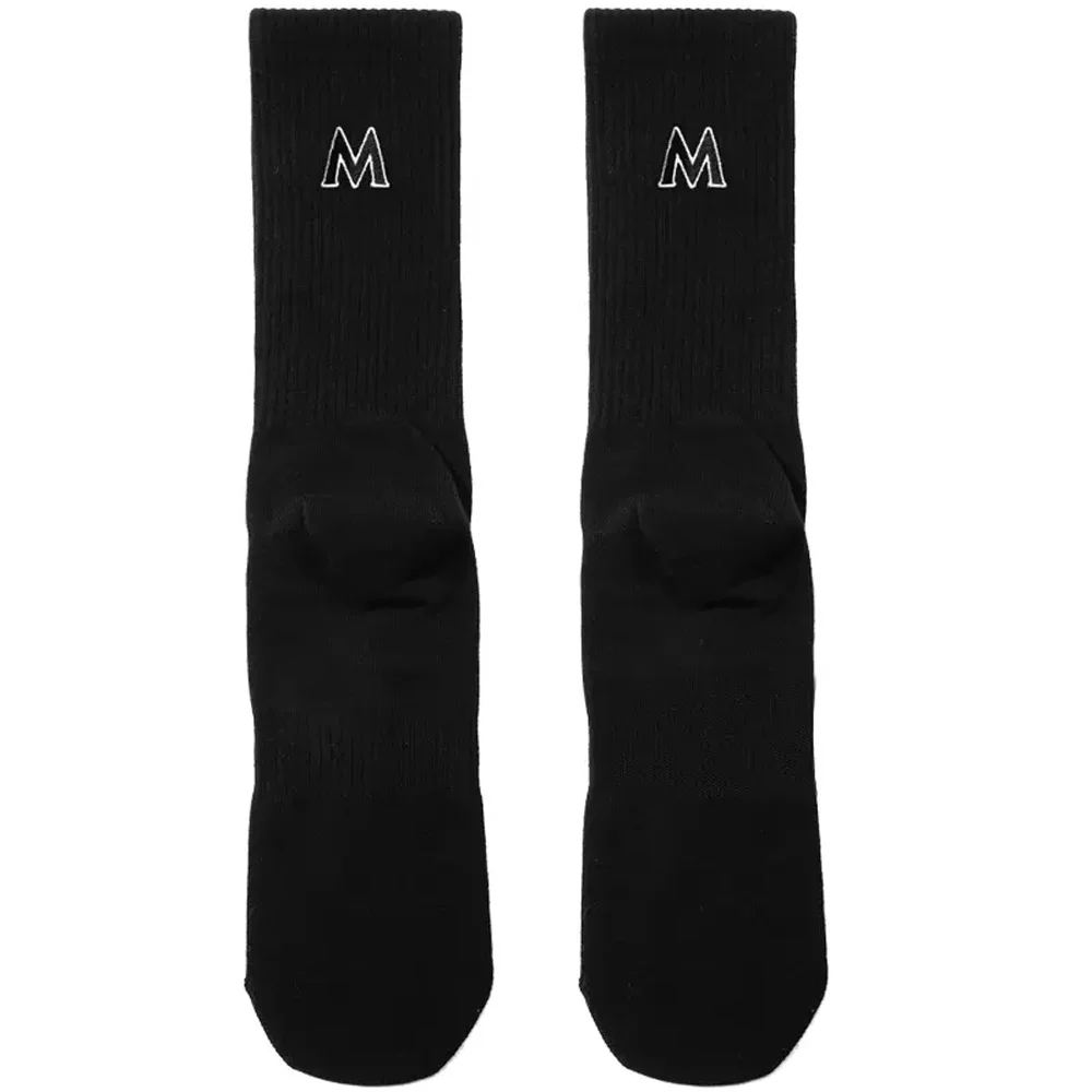 Men's Tall Four Season Thin Embroidered Black and White SM Letter Hand-sewn Head Breathable Sports Cotton Socks