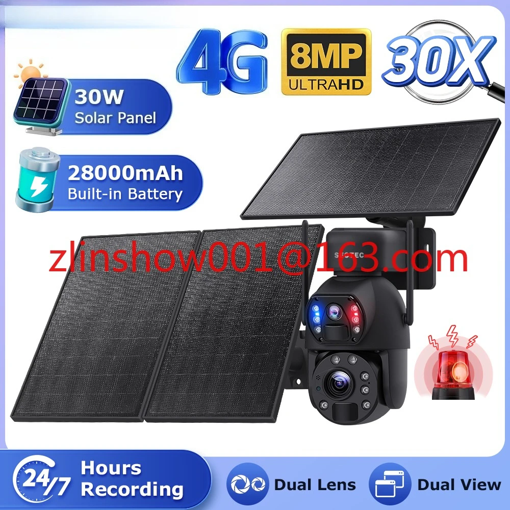 Arrival 24/7  8MP AOV Dual Lens Dual View 20X Zoom 4G Battery Security  Solar 30W CCTV Camera Speed Dome PTZ Camera