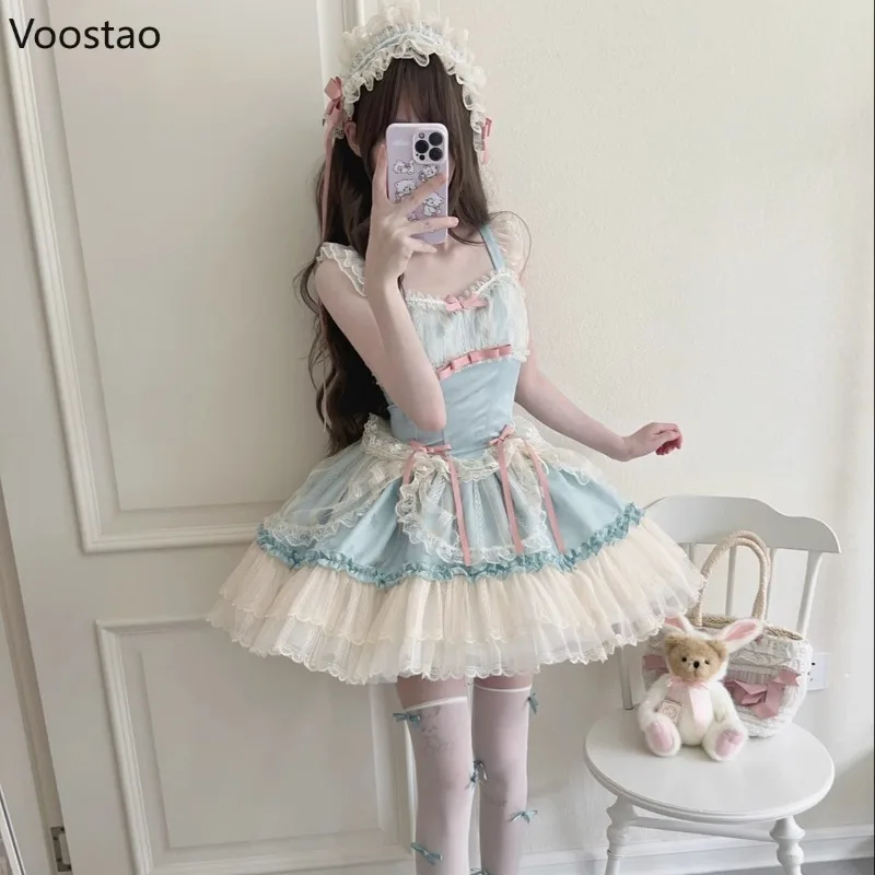 Süße elegante Lolita Jsk Kleid Frauen Kawaii Bogen Spitze Rüschen Mesh ärmellose Prinzessin Party Kleider Mädchen Ballett Stil Mini kleid