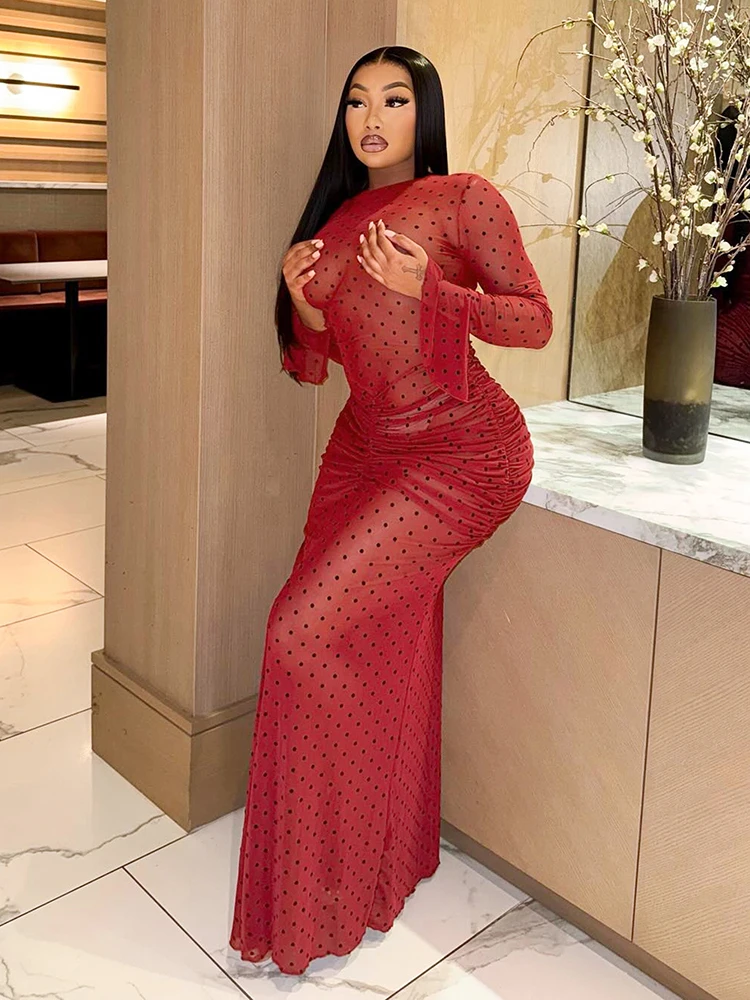 Cutenw Trend Sexy Dünnes Polka Dot Kleid Frauen Schmetterling Ärmel Welle Rand Geraffte Pfirsich Hüfte Klassische Elegante Stretch Dünne Bodycon