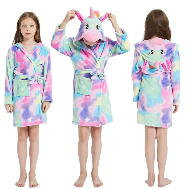 Bambini Cartoon Unicorn Robes Winter Baby Girl accappatoio Sleepwear Robe For Children flanella pigiama con cappuccio ragazzi Homewear abbigliamento