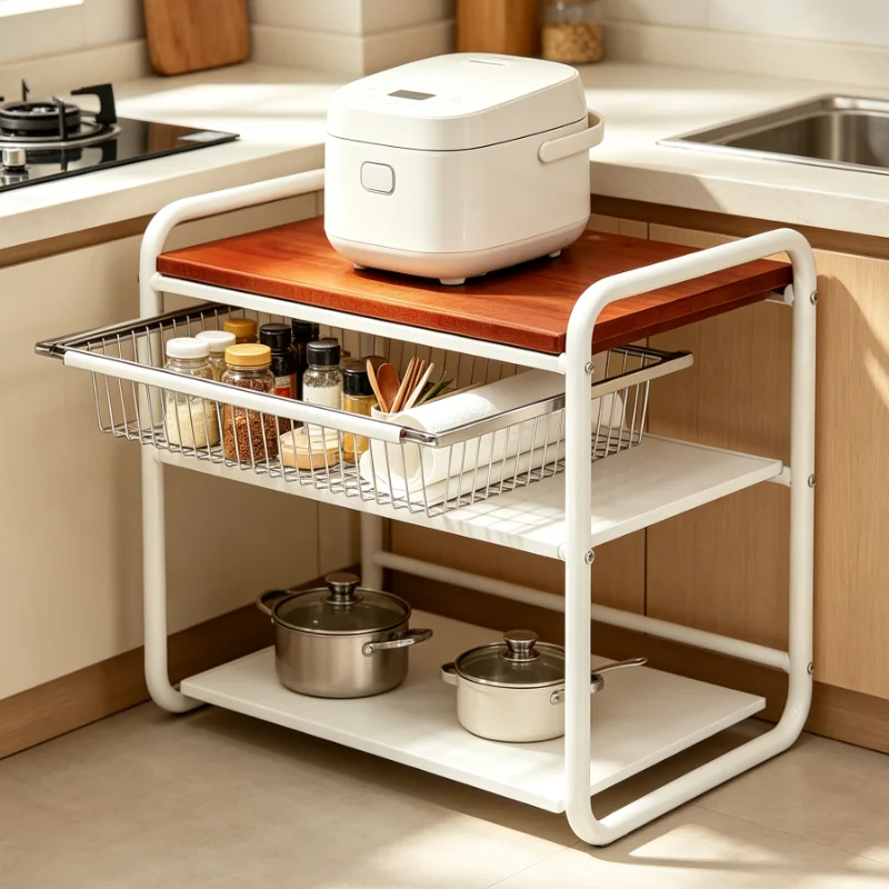 Microwave Oven Storage Rack Kitchen Countertop Organizer With Pull Out Basket For Rice Cooker Toaster Spice Jar Home Shelf