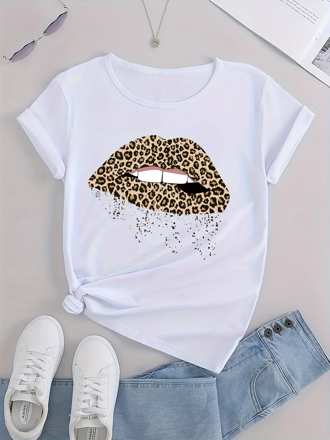 

Print Casual Sports Slim Running Women's Summer Tops Fashion Leopard Print Lips Graphic Sports Sleeve T-shirts