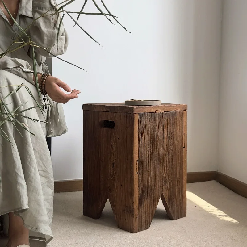 

‌Vintage Elm Wood Side Table Rustic Coffee Table for Sofa Boho Chic Stool for Living Room Shoe Stool Hall Decorative Furniture