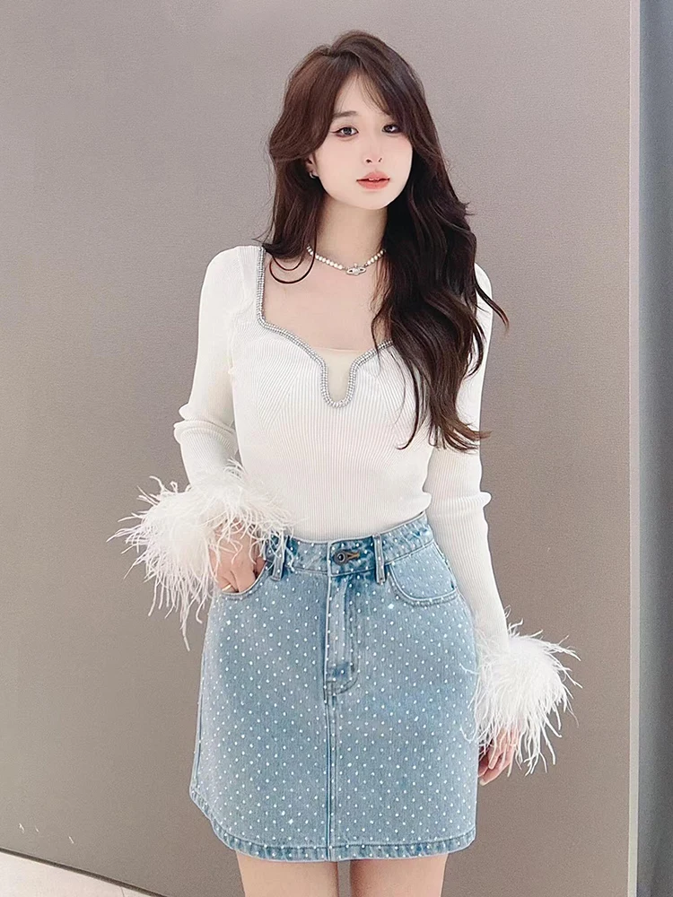 

Luxury European Sle Women's Knitted Top with Embedded Diamo Ostrich Feather Design Small Fraance Sle Faionable
