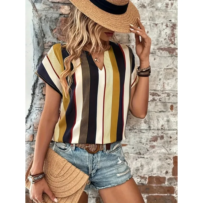 Plus Size 1XL-8XL Casual T-shirt Women\'s Plus Stripe Print Short Sleeve Notched Neck Top