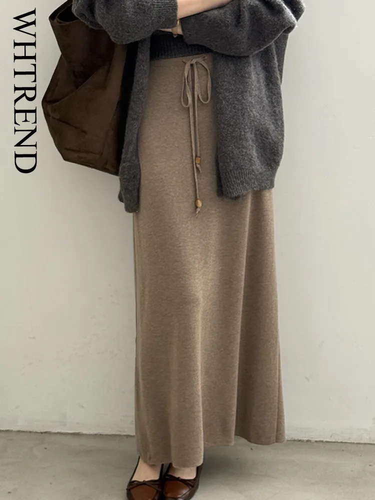 

WHTREND Solid Color Drawstring High Waist Skirt For Women Autumn Slimming Versatile Bodycon Long Skirts WH1376