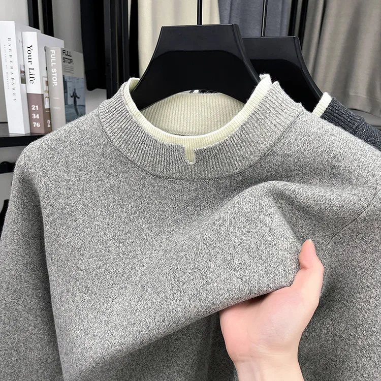 

Высококачественный мужской вязаный свитер с круглым вырезом, утепленный флисом, повседневный теплый базовый слой для осени и зимы