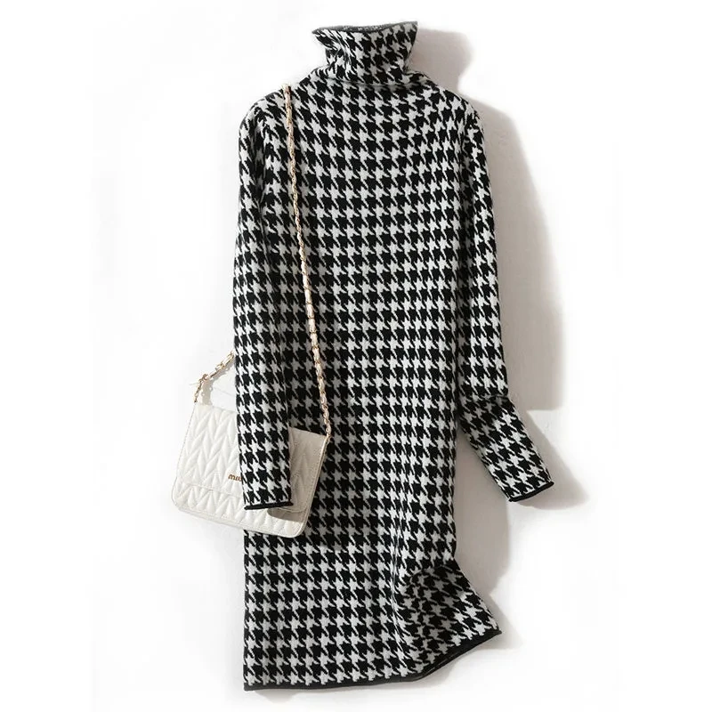 Bird lattice Houndstooth Plaid Turtleneck Vintage Soft Knitted Women\'s Dress Korean Fashion Jumpers Pullover Dresses for Women