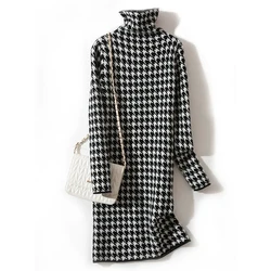 Bird lattice Houndstooth Plaid Turtleneck Vintage Soft Knitted Women's Dress Korean Fashion Jumpers Pullover Dresses for Women