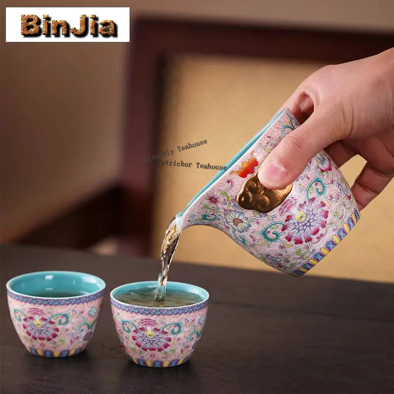 

Enamel Colored Flower Travel Tea Set Kit Handmade 1 Pot 2 Cups Tea Maker Tools Camping Travel Portable Handbag Tea Ceremony Gift