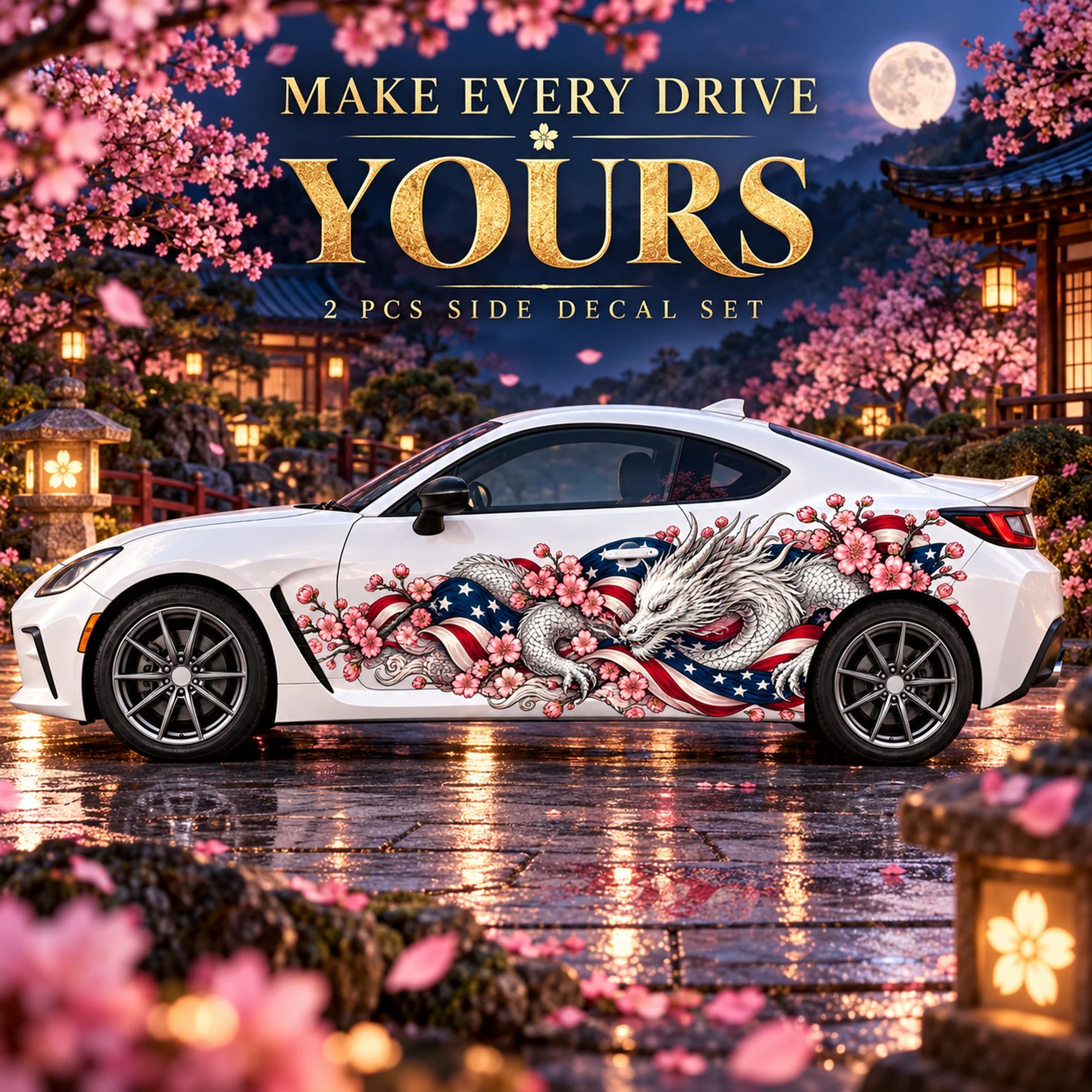2 PCS American Flag Silver Dragon Blossom Car Side Decals, Die-Cut Vinyl Sticker Set