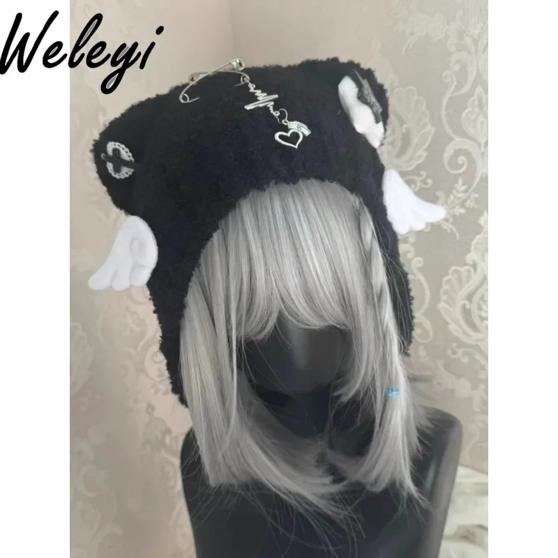 Japanese Soft Girl Ground Bud Water Color System Wool Hats Y2k Original Bear Hat Subculture Sweet Sister Bear Ear Knitted Hat