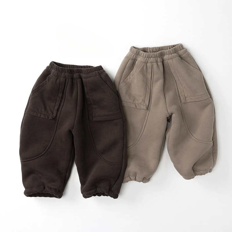 

Детские флисовые спортивные штаны, новинка зимы 2024, теплые брюки для мальчиков, хлопковые бархатные толстые повседневные штаны для девочек, однотонная детская одежда