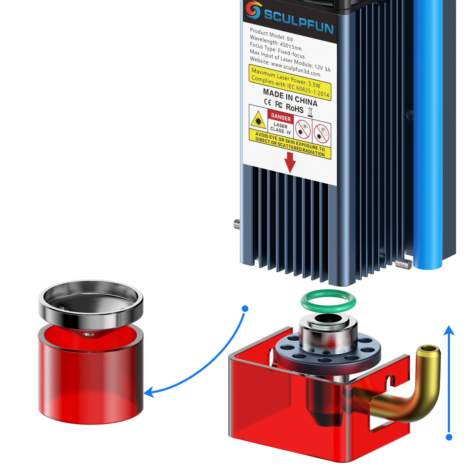 SCULPFUN S9 Air Assist Nozzle Kit（With 110V 220V Air Pump）   High speed Air Assist   Full Metal Structure   Official Desig