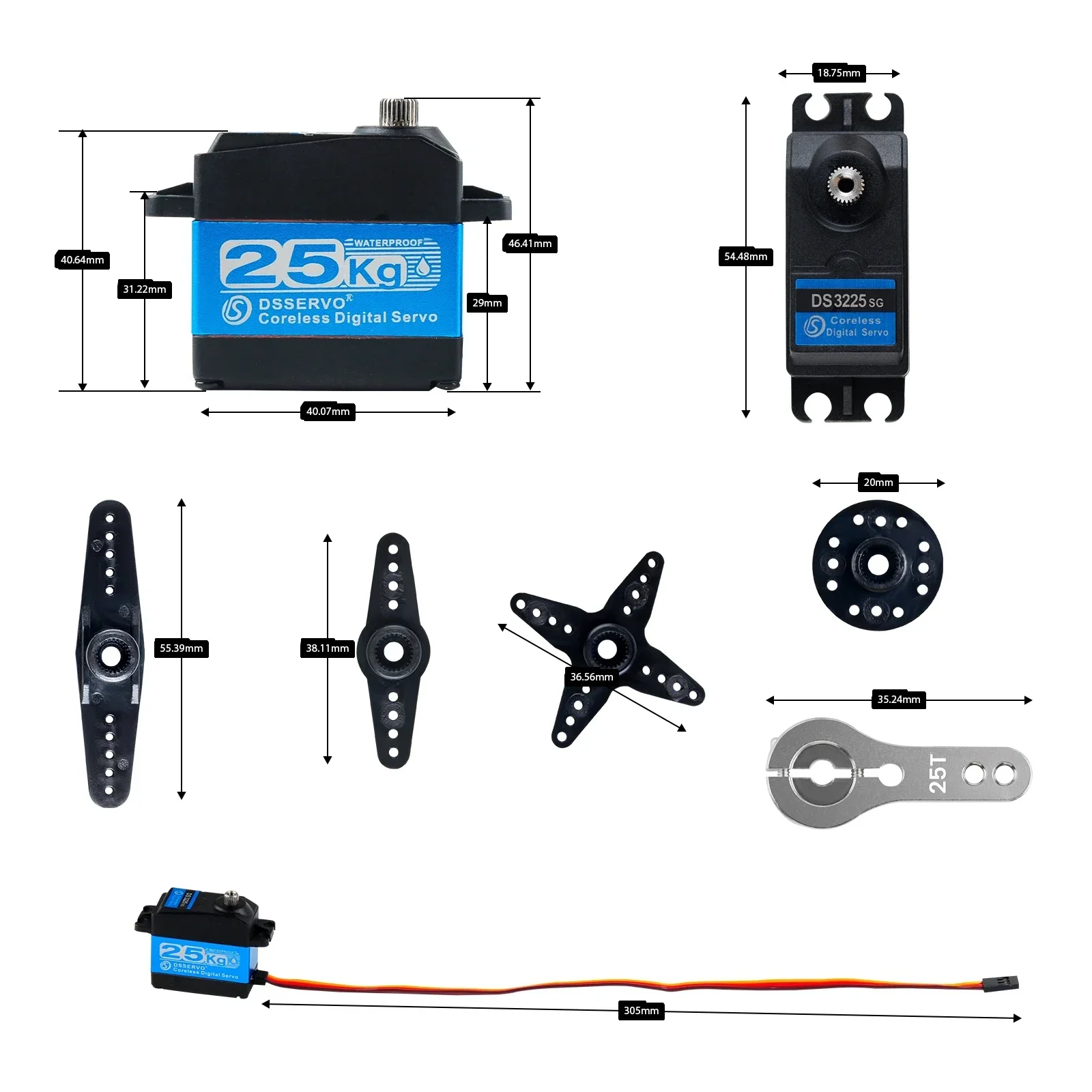 DS3225 เซอร์โวมอเตอร์ดิจิตอล 25KG กันน้ํา 7.4V 25T แขนเซอร์โว IP67 180/270 องศาเกียร์ Coreless สําหรับ 1/8 1/10 RC รถ