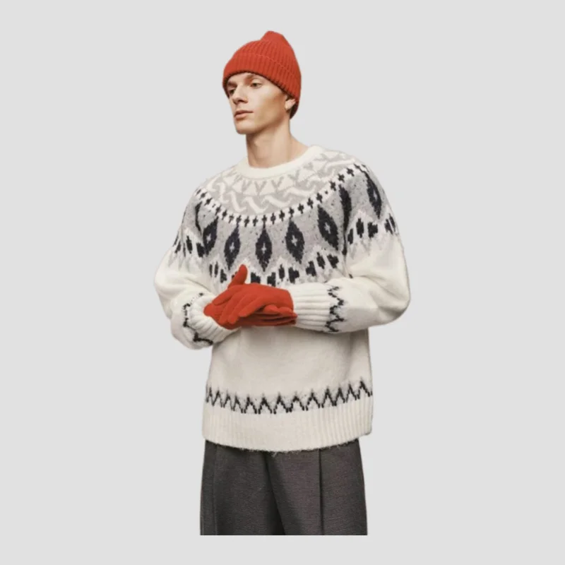 

Men's New Arrival Christmas White Knitted Sweater Fair Isle Pattern Long Sleeve Oversized Casual Pullover Fashion Top