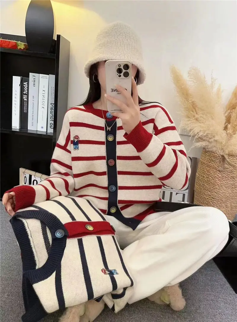 Spring and Autumn New Striped Sweater College Casual Knitted Cardigan Coat Versatile Female