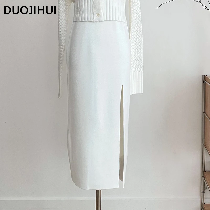 

DUOJIHUI White New Chic Split Simple Loose Female Skirts Autumn Sweet Soft Slim Elegant Office Ladies Solid Color Women's Skirts