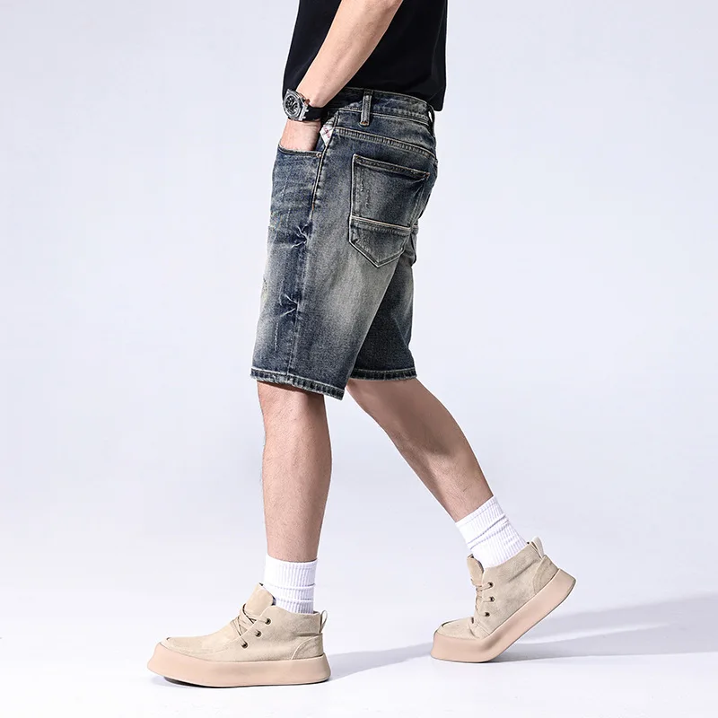 2025 الصيف الحد الأدنى فضفاض الدنيم السراويل للرجال الخفيفة الفاخرة اليابانية الشباب الحنين الدنيم السراويل ipped الجينز للرجال