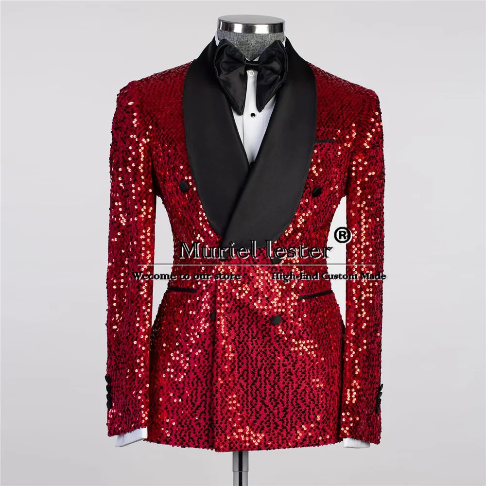 

Men Double Breasted Suits Formal Party Sparkly Sequins Jacket Pants 2 Pieces Bridegroom Wedding Tuxedos Tailored Male Clothing