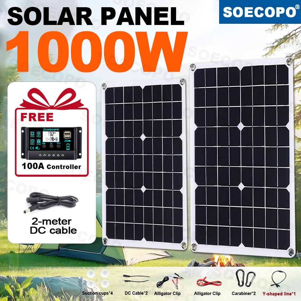 

SOECOPO 1000W Free 100A Controller Portable Solar Panel Kit 2*500W DC 18V Solar Panels for Camping Include USB 5V Charging Phone