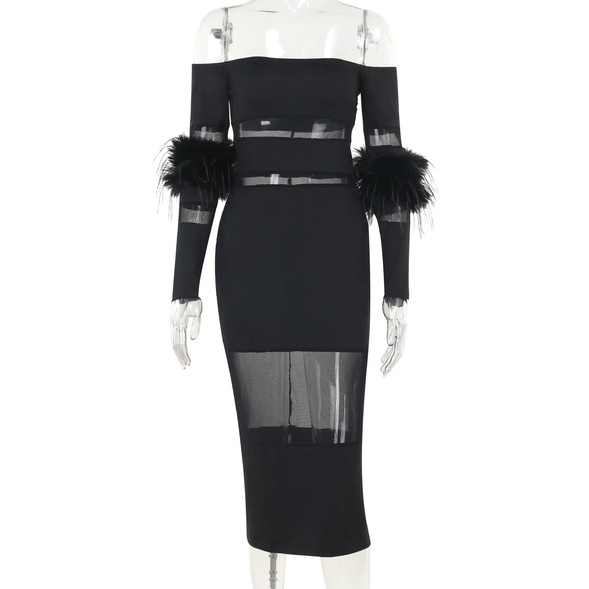 Sexy Strapless Sheer Mesh Spliced Feathers Dress For Women Slash Neck Long Sleeves High Waist Slimming Dresses Female