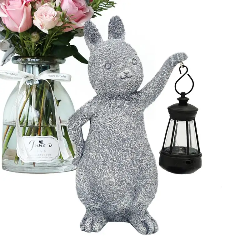 Solar Rabbits Light Rabbits Figurine Statue With Solar Lantern Animal Resin Crafts Garden Decorative  Light Garden Decoration